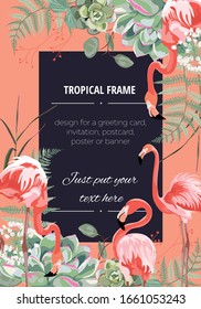 Exotic pink flamingo birds with leaves and herbs. Orange backdrop. Card template. Detailed vector design illustration. Valentine. Wedding.