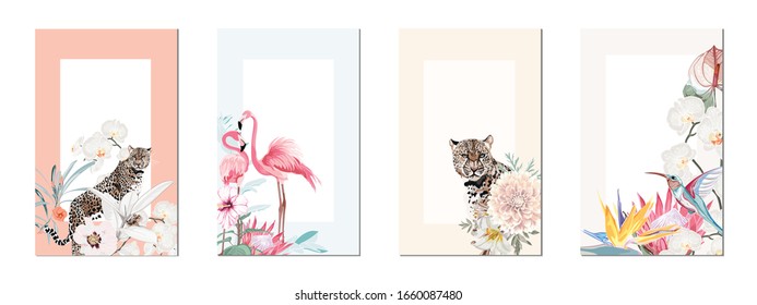 Exotic pink flamingo birds and leopard with leaves and flowers. Golden element. Card template set. Detailed vector design illustration. Valentine. Wedding.