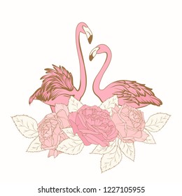 Exotic pink flamingo birds loving couple. Rose peony flowers bouquet element composition. Isolated on white background. Warm pastel colors. Vector design illustration.