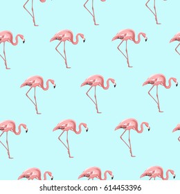 Exotic pink flamingo birds seamless pattern on sky blue background. Elegant long legged wading birds striding left to right. Vector design illustration for textile, decoration, fabric, packaging.