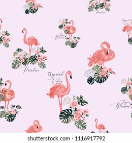 Exotic pink flamingo pattern. Vector seamless background with fashionable tropic birds, palm foliage and flowers. Wild nature decoration on white backdrop. Colorful hand drawn flamingo illustration.