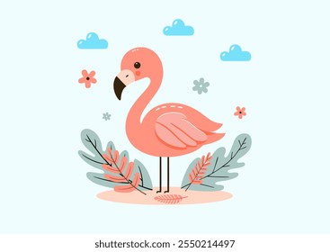 Retrato de pájaro flamenco rosa exótico. Flamenco con plumas de rosa de pie en dos patas. Lindo personaje de dibujos animados. Elemento de decoración. Diseño plano aislado. Fondo claro. Concepto de verano tropical. Vista lateral