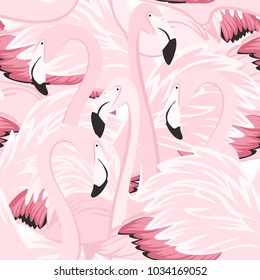 Exotic pink flamingo wading birds flamboyance colony regiment. Long neck, beak, body, feather detailed drawing. Seamless pattern. Vector design illustration for fashion, fabric, textile, decoration.