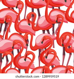 Exotic pink flamingo wading birds flamboyance colony regiment. Long neck, beak, body, feather detailed drawing. Seamless pattern. Vector design illustration for fashion, fabric, textile, decoration.