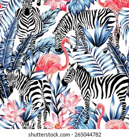 Exotic pink flamingo, zebra on background summer blue tropic palm leaf. Watercolor floral print wallpaper. Jungle Safari Hawaii backdrop. Seamless vector pattern. Stripe fashion nature painting