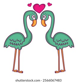 Exotic pink flamingos birds. Flamingo with rose feathers stand on one leg. Rosy plumage flam bird cartoon vector illustration, cute flamingo love