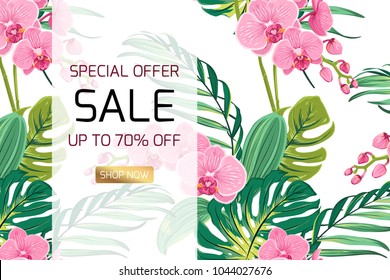 Exotic pink orchid phalaenopsis flowers tropical rainforest jungle tree monstera bright green leaves background. Sale discount promo offer banner template text placeholder for advertising marketing.