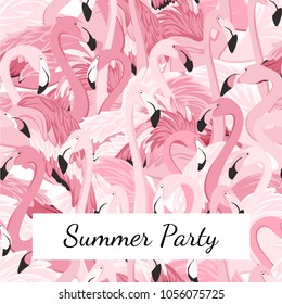 Exotic pink purple flamingo birds crowd group gathering flamboyance. Long neck, beak, body, feather detailed drawing. Seamless pattern. Summer party banner poster promo. Text placeholder.