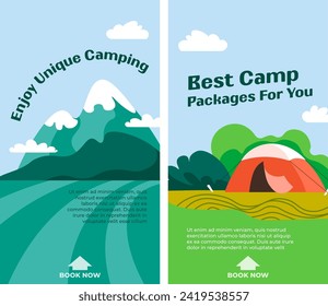 Exotic place for camping, hiking with experienced guide. Best offers, variety of tours at affordable price for outdoor recreation. Tent camp site. Promo banner or advertisement. Vector in flat style