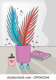 Exotic plant with candles and book still life illustration 