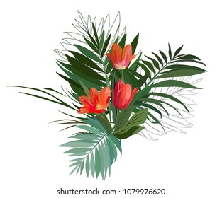 Exotic plant composition, a bouquet of leaves, red tulips and herbs. Vector. It can be used for stylish greeting cards, packages, textiles, t-shirts, tiles. Print on a white background.