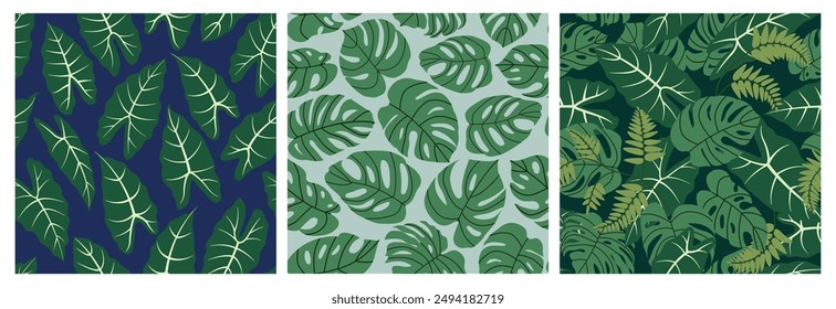 Exotic plant leaves seamless pattern set. Tropical houseplant leaves on a blue and neutral background. Jungle leaves botanical patterns for packaging, textile, or wallpapers. Flat vector illustration.