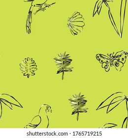 Exotic plants and animals seamless pattern. Palm, leave, bird, butterfly, seashell. Paper, wallpaper, wrapping, package, textile.
