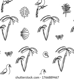 Exotic plants and animals seamless pattern. Palm, leave, bird, butterfly, seashell. Paper, wallpaper, wrapping, package, textile.
