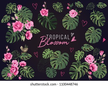 Exotic plants background frame. Tropic floral elements: monstera flowers, palm, tropical roses, blossom leaves, leaf. Vintage watercolor print. Summer design isolated on black background backdrop.