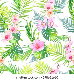 Exotic plants and flowers seamless vector print