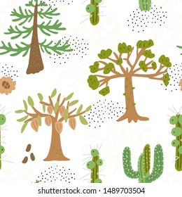 Exotic plants hand drawn color vector seamless pattern. Scandinavian illustration. Wrapping paper, textile, background fill. 