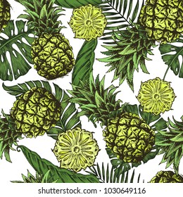 Exotic plants hand drawn pattern. Sketch illustration with pineapple and palm leaves.