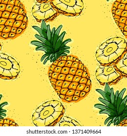 Exotic plants hand drawn pattern. Sketch illustration with pineapple .