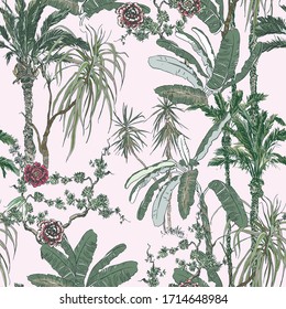 Exotic Plants, Palm Trees and Rose Flowers Chinoiserie Seamless Pattern, Chinese Oriental Jungle Print, Hand Drawn Botanical Vintage Illustration