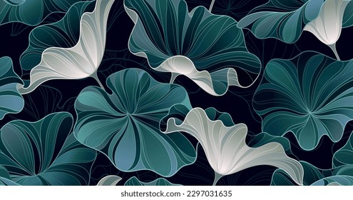 Afiche de plantas exóticas. Patrón de lujo sin inconvenientes con hojas. Un entorno elegante con plantas verdes y césped. Banner horizontal con hoja tropical. Dibujo geométrico. Dibujo vectorial plano de dibujos animados