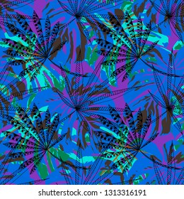 Exotic Plants. Seamless Pattern with Australian Jungle. Trendy Colorful Texture for Paper, Swimwear, Cloth. Vector Tropical Pattern.