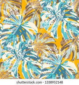 Exotic Plants. Seamless Pattern with Australian Rainforest. Vintage Colorful Texture for Paper, Swimwear, Cloth. Vector Tropical Pattern.