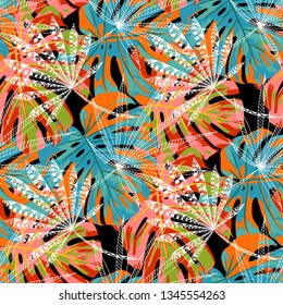 Exotic Plants. Seamless Pattern with Australian Rainforest. Retro Colorful Texture for Paper, Wallpaper, Textile. Vector Tropical Pattern.