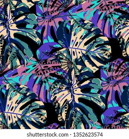 Exotic Plants. Seamless Pattern with Australian Jungle. Retro Colorful Texture for Print, Swimwear, Underwear. Vector Tropical Pattern.