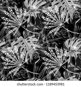 Exotic Plants. Seamless Pattern with Brasilian Rainforest. Vintage Black and White Texture for Dress, Curtain, Cloth. Vector Tropical Pattern.