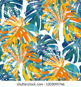 Exotic Plants. Seamless Pattern with Brasilian Rainforest. Trendy Colorful Texture for Fabric, Textile, Linen. Vector Tropical Pattern.