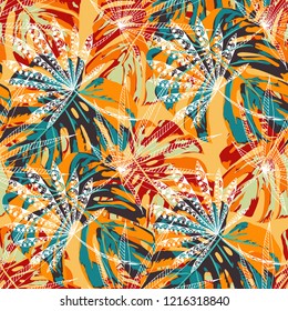 Exotic Plants. Seamless Pattern with Brasilian Rainforest. Vintage Colorful Texture for Fabric, Wallpaper, Textile. Vector Tropical Pattern.