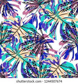 Exotic Plants. Seamless Pattern with Brasilian Rainforest. Modern Colorful Texture for Paper, Swimwear, Cloth. Vector Tropical Pattern.