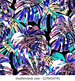 Exotic Plants. Seamless Pattern with Brasilian Rainforest. Trendy Colorful Texture for Wallpaper, Swimwear, Underwear. Vector Tropical Pattern.