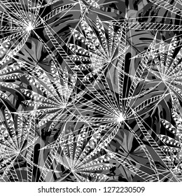 Exotic Plants. Seamless Pattern with Brasilian Jungle. Modern Black and White Texture for Dress, Swimwear, Cloth. Vector Tropical Pattern.