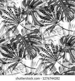 Exotic Plants. Seamless Pattern with Brasilian Jungle. Retro Black and White Texture for Paper, Swimwear, Cloth. Vector Tropical Pattern.