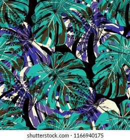Exotic Plants. Seamless Pattern with Hawaiian Jungle. Trendy Colorful Texture for Dress, Swimwear, Cloth. Vector Tropical Pattern.