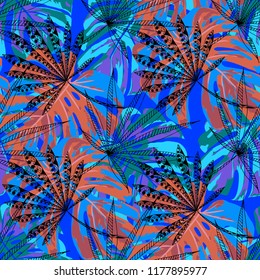 Exotic Plants. Seamless Pattern with Hawaiian Rainforest. Modern Colorful Texture for Paper, Wallpaper, Textile. Vector Tropical Pattern.