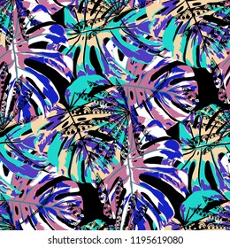 Exotic Plants. Seamless Pattern with Hawaiian Jungle. Vintage Colorful Texture for Fabric, Textile, Linen. Vector Tropical Pattern.