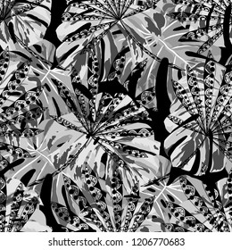 Exotic Plants. Seamless Pattern with Hawaiian Rainforest. Trendy Black and White Texture for Dress, Swimwear, Cloth. Vector Tropical Pattern.