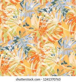 Exotic Plants. Seamless Pattern with Hawaiian Jungle. Trendy Colorful Texture for Fabric, Textile, Linen. Vector Tropical Pattern.