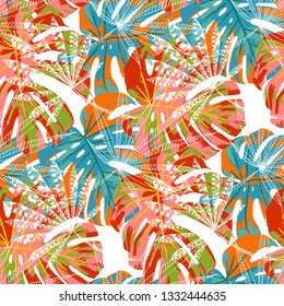 Exotic Plants. Seamless Pattern with Hawaiian Jungle. Retro Colorful Texture for Fabric, Textile, Linen. Vector Tropical Pattern.