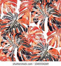 Exotic Plants. Seamless Pattern with Hawaiian Rainforest. Retro Colorful Texture for Fabric, Wallpaper, Textile. Vector Tropical Pattern.
