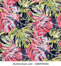 Exotic Plants. Seamless Pattern with Hawaiian Rainforest. Modern Colorful Texture for Dress, Swimwear, Cloth. Vector Tropical Pattern.