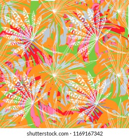 Exotic Plants. Seamless Pattern with Indian Jungle. Retro Colorful Texture for Paper, Wallpaper, Textile. Vector Tropical Pattern.