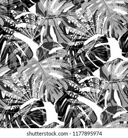 Exotic Plants. Seamless Pattern with Indian Jungle. Vintage Black and White Texture for Print, Textile, Linen. Vector Tropical Pattern.