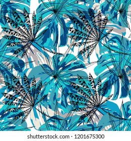 Exotic Plants. Seamless Pattern with Indian Jungle. Modern Colorful Texture for Wallpaper, Swimwear, Underwear. Vector Tropical Pattern.