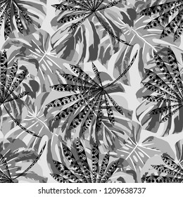Exotic Plants. Seamless Pattern with Indian Jungle. Vintage Black and White Texture for Print, Textile, Linen. Vector Tropical Pattern.
