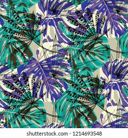 Exotic Plants. Seamless Pattern with Indian Jungle. Modern Colorful Texture for Dress, Curtain, Cloth. Vector Tropical Pattern.