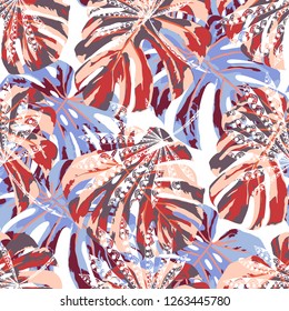Exotic Plants. Seamless Pattern with Indian Rainforest. Vintage Colorful Texture for Print, Textile, Linen. Vector Tropical Pattern.